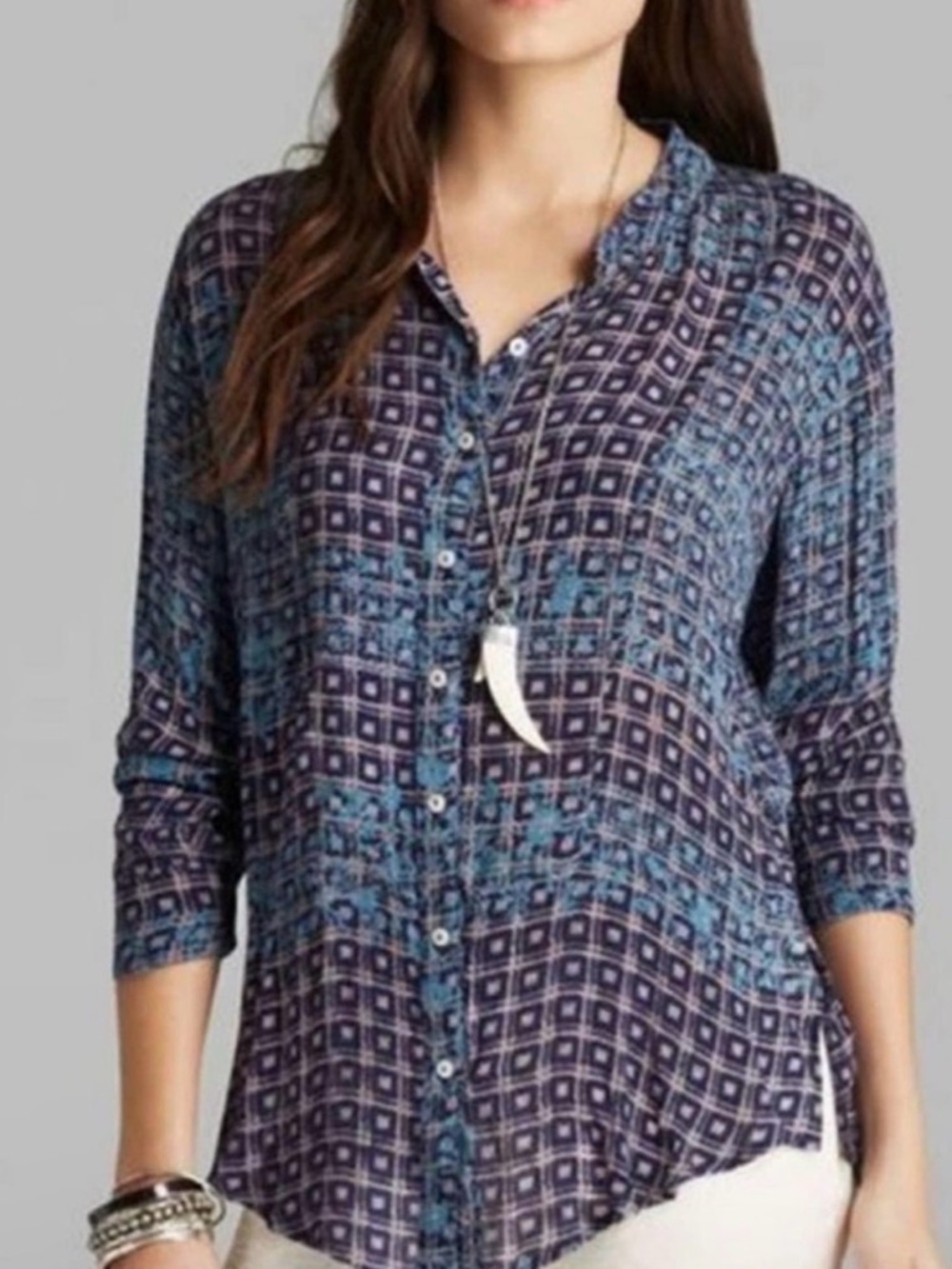 Free People Boho Sheer Button Blouse – Blue Multi | S/P | Pre-Owned